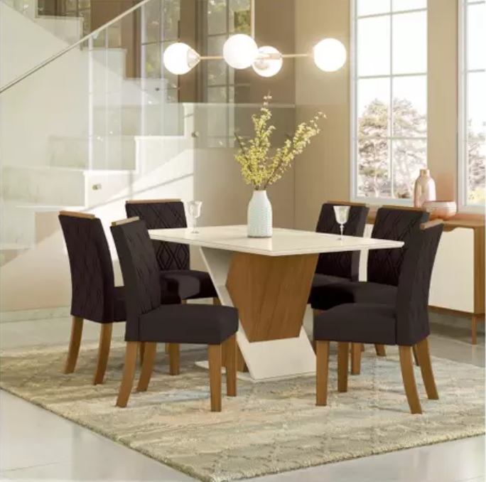 Mesa de Jantar 6 Lugares Retangular Tampo de Vidro – Henn Gabriela