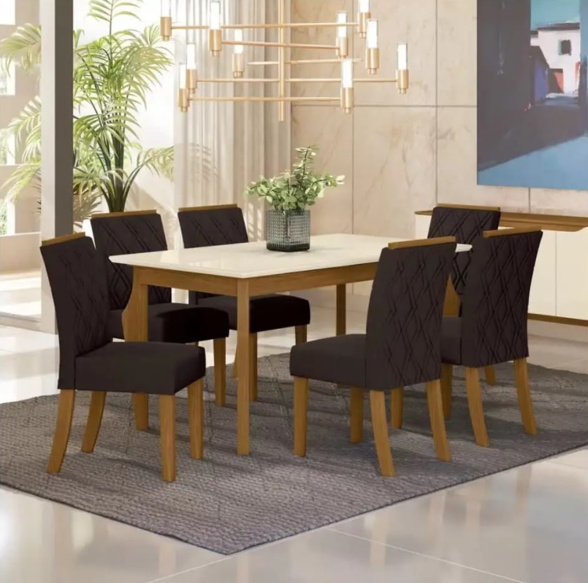 Mesa de Jantar 6 Lugares Retangular Tampo de Vidro – Henn Marisa