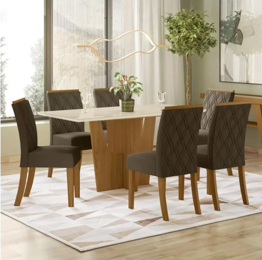 Mesa de Jantar 6 Lugares Retangular Tampo de Vidro – Henn Roberta