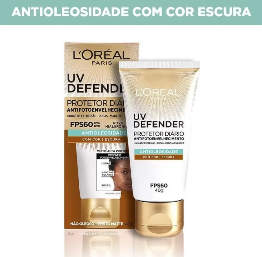 Protetor Solar Facial L’Oréal Paris UV Defender Antioleosidade Cor Escura FPS 60, 40g