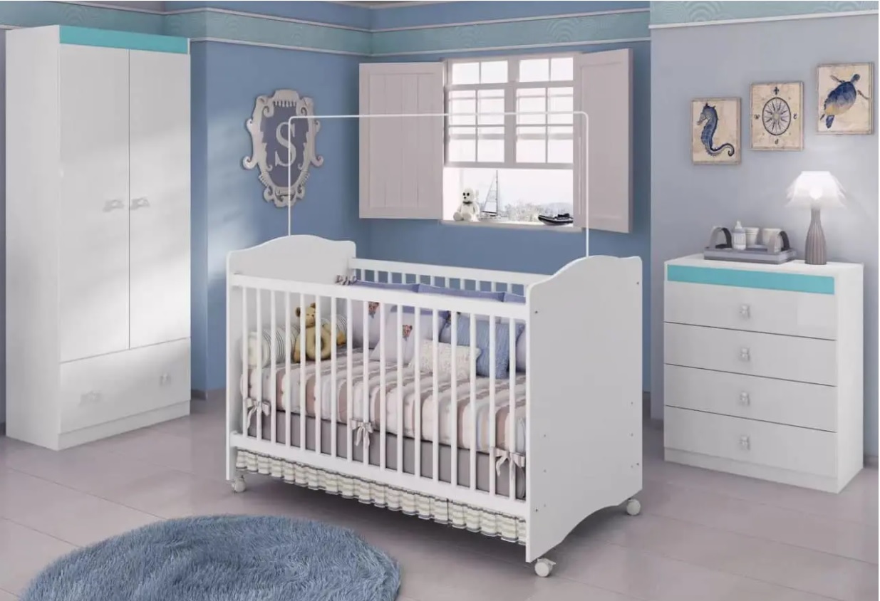 Quarto de Bebê Completo com Berço Guarda-Roupa – Cômoda Móveis Estrela Satriani