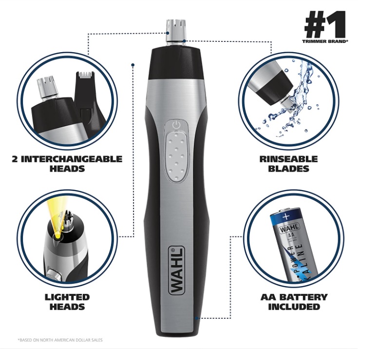 Aparador elétrico Wahl a bateria com iluminação; aparador de pelos faciais, nariz, orelhas e sobrancelhas indolor para homens e mulheres, Modelo 5546-200, preto/prata