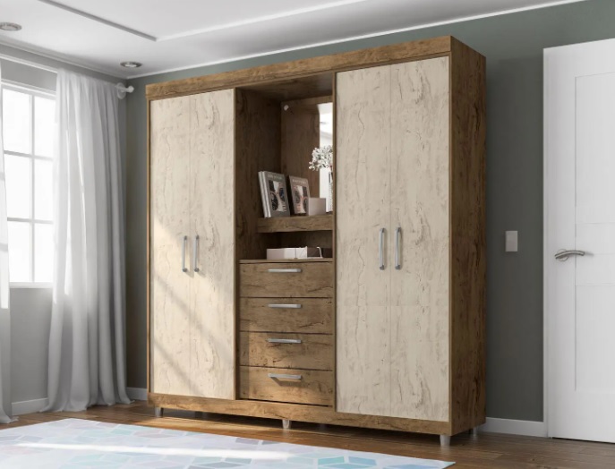 Guarda-roupa Casal com Espelho 4 Portas 4 Gavetas