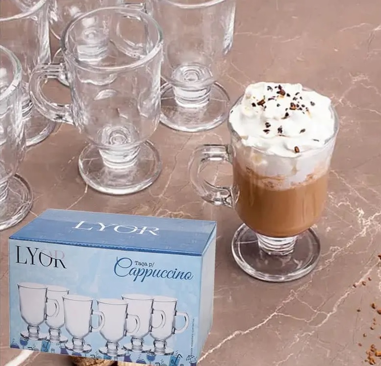 Conjunto 6 Taças para Cappuccino com Alça e Pé de Vidro Lyor Transparente 114Ml
