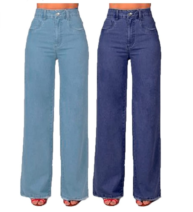 Kit 2 Calças Jeans Retrô Pantalona Wide Leg Cintura Alta Tendencias Azul Claro E Azul Escuro