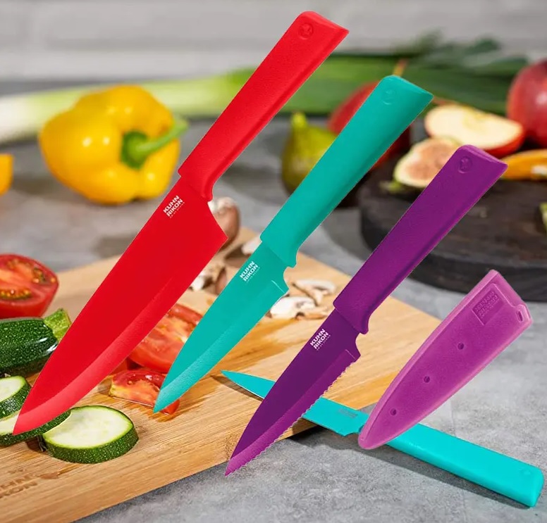 Kuhn Rikon com revestimento antiaderente e bainhas de segurança, Red, Teal and Purple, Set of 3, 1