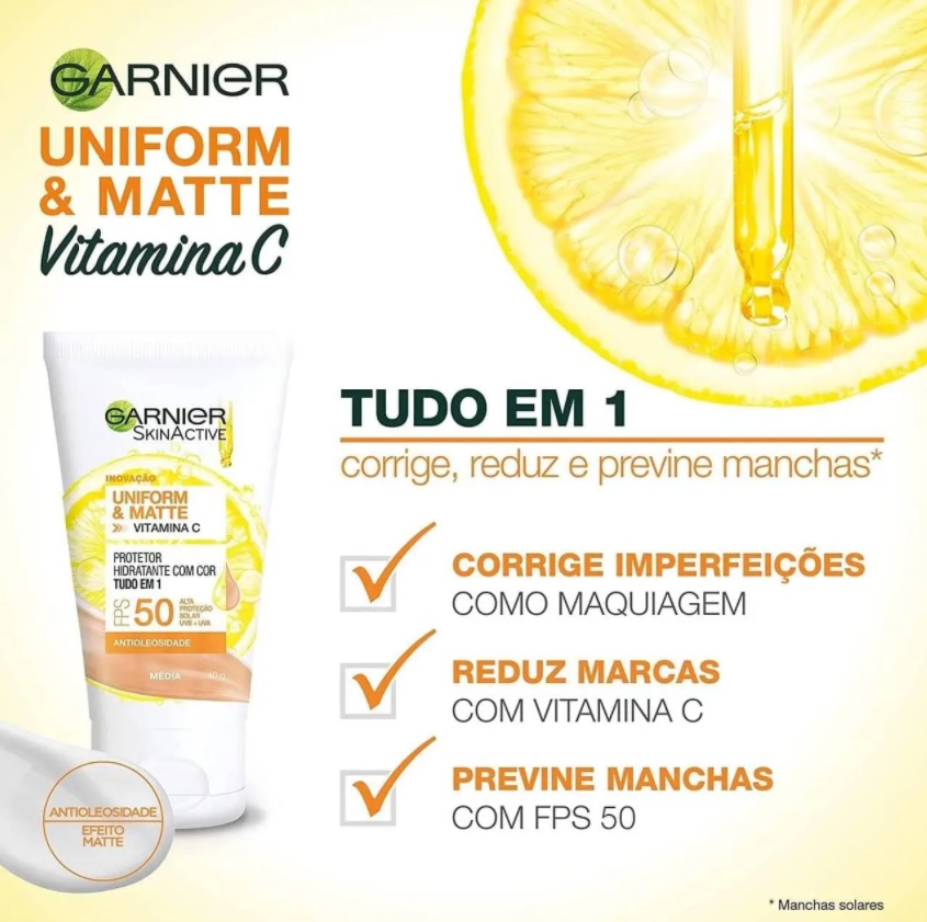 Protetor Hidratante Facial Garnier Uniform & Matte Vitamina C FPS 50 Cor Média, 40g