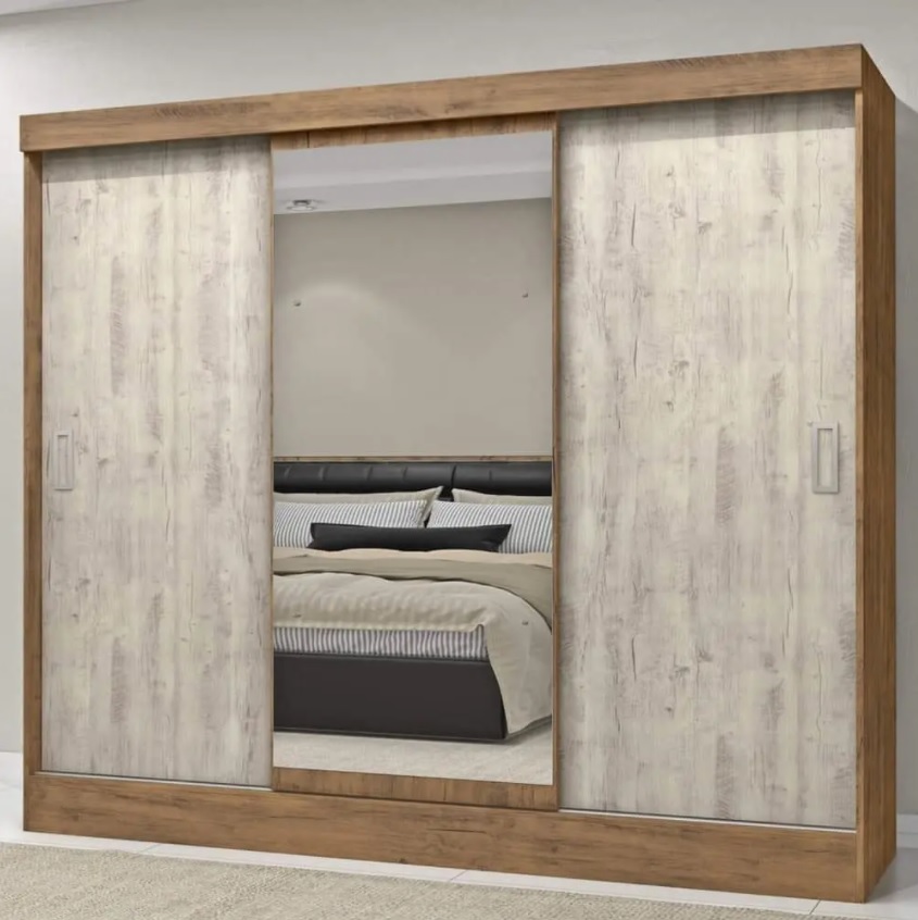Guarda Roupa Casal com Espelho 3 Portas 2 Gavetas Istambul Espresso Móveis Ipê Tex/Vanila Tex