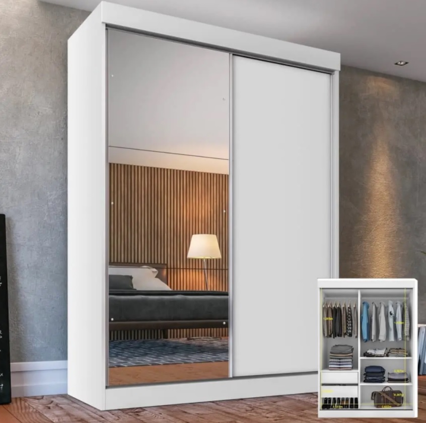 Guarda Roupa Solteiro 2 Portas de Correr 2 Gavetas e Espelho Peônia Yescasa Branco