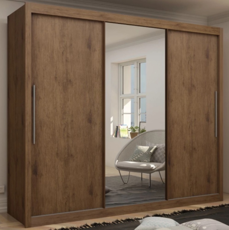 Guarda Roupas de Casal com Espelho Real Gelius Madeirado / Madeirado / Off White 3 Pts Correr