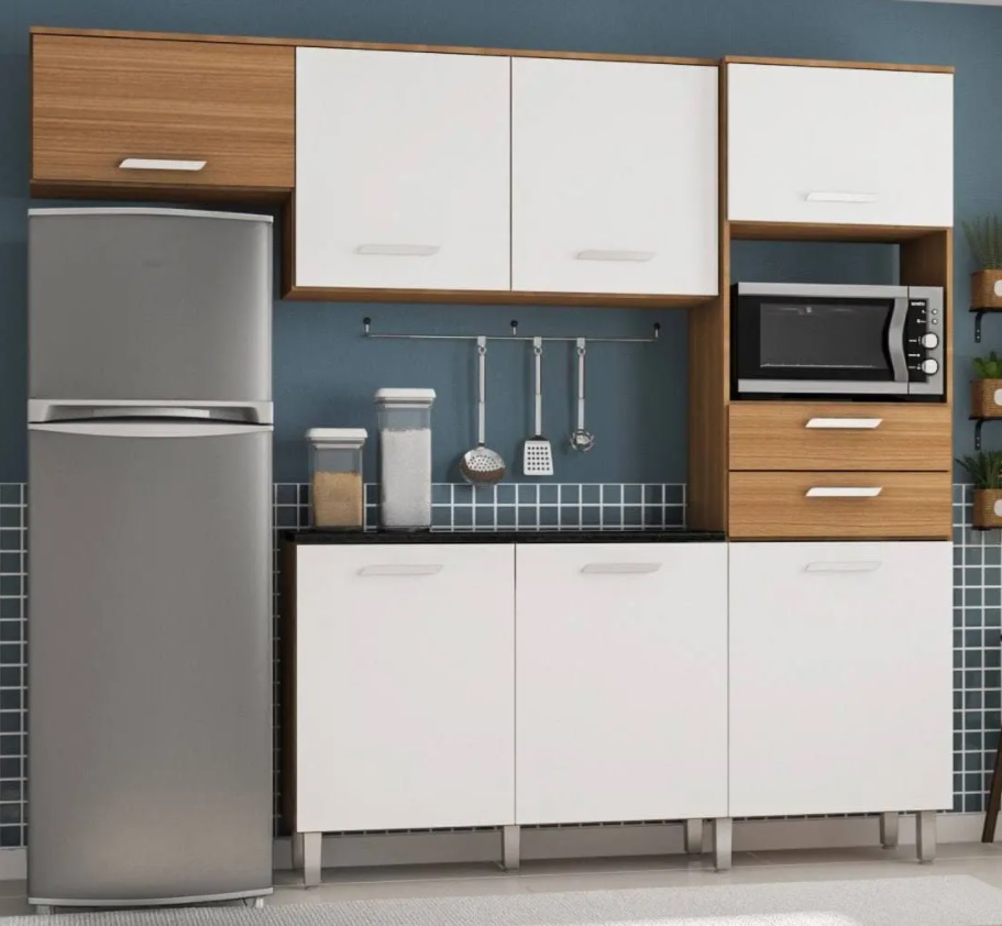 Kit Cozinha Poliman Móveis Lia com Balcão – Nicho para Micro-ondas 7 Portas 2 Gavetas