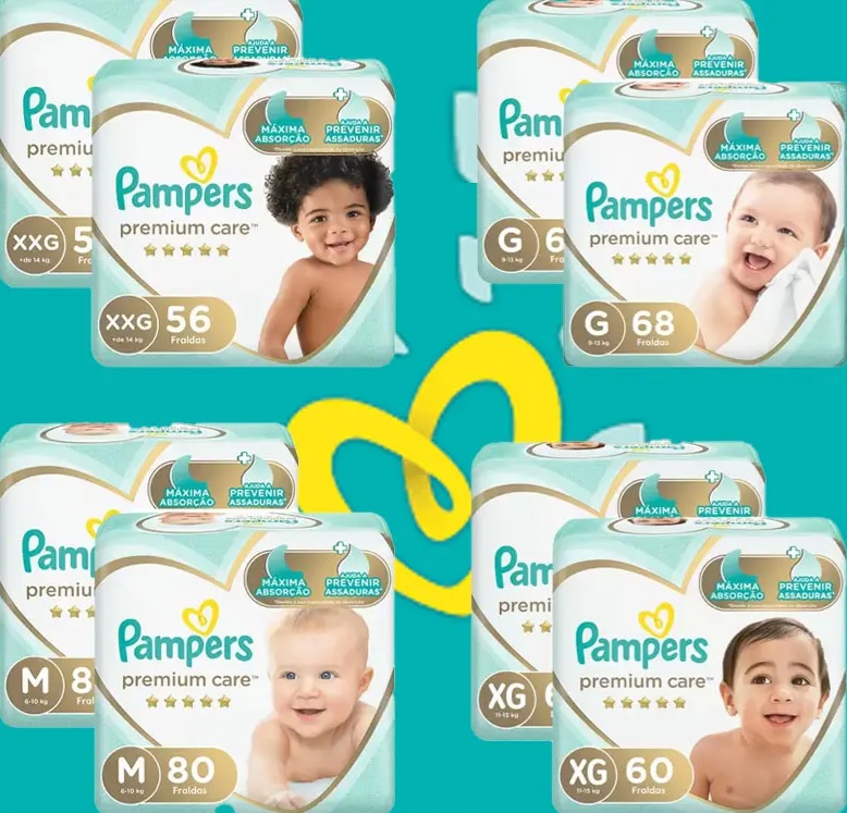 Kit Fraldas Pampers Premium Care (Tam. M 80 un. / Tam. G 68 un. / Tam. XG 60 un. / Tam. XXG 56 un.)
