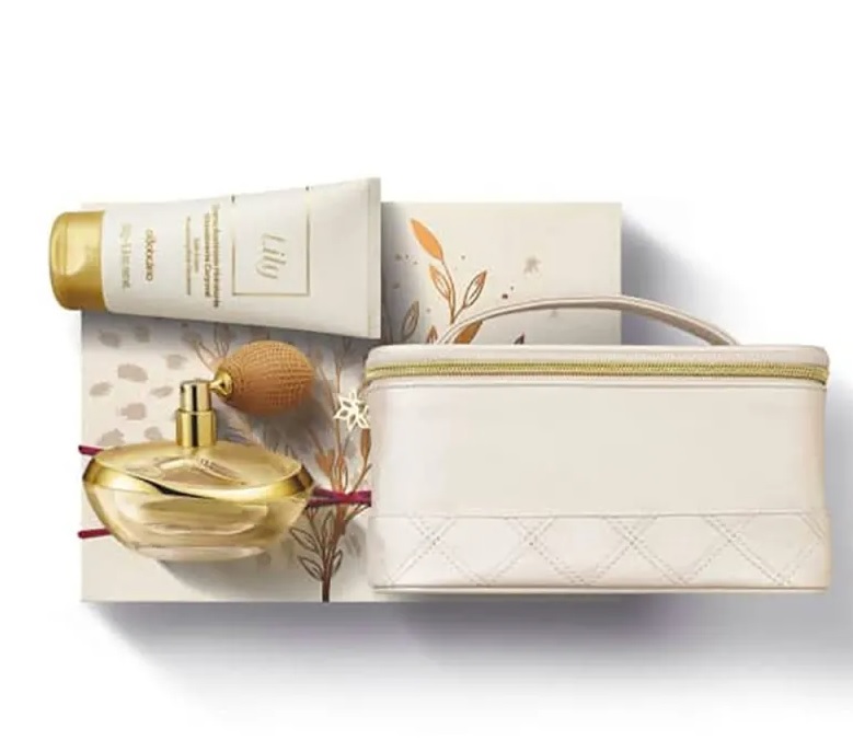 Kit Presente Lily: Eau de Parfum 75ml + Creme Acetinado Hidratante 150g + Frasqueira
