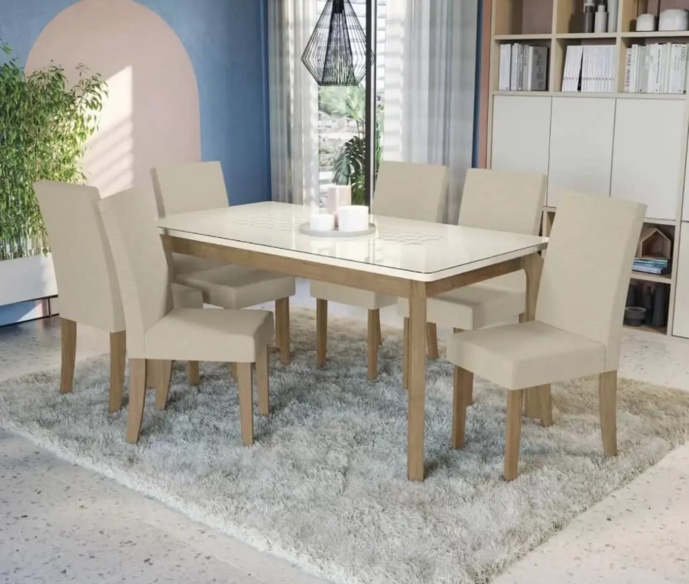 Mesa de Jantar 6 Cadeiras Retangular – Tampo de Vidro Kappesberg Montana
