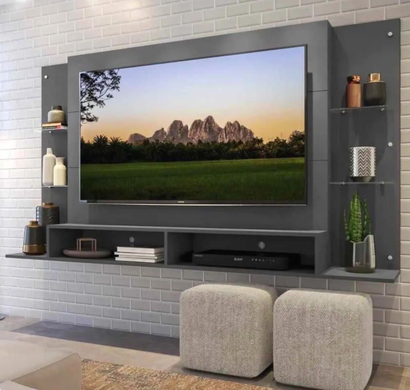 Painel TV 60″ c/ Prateleiras de Vidro Nairóbi Multimóveis Grafite