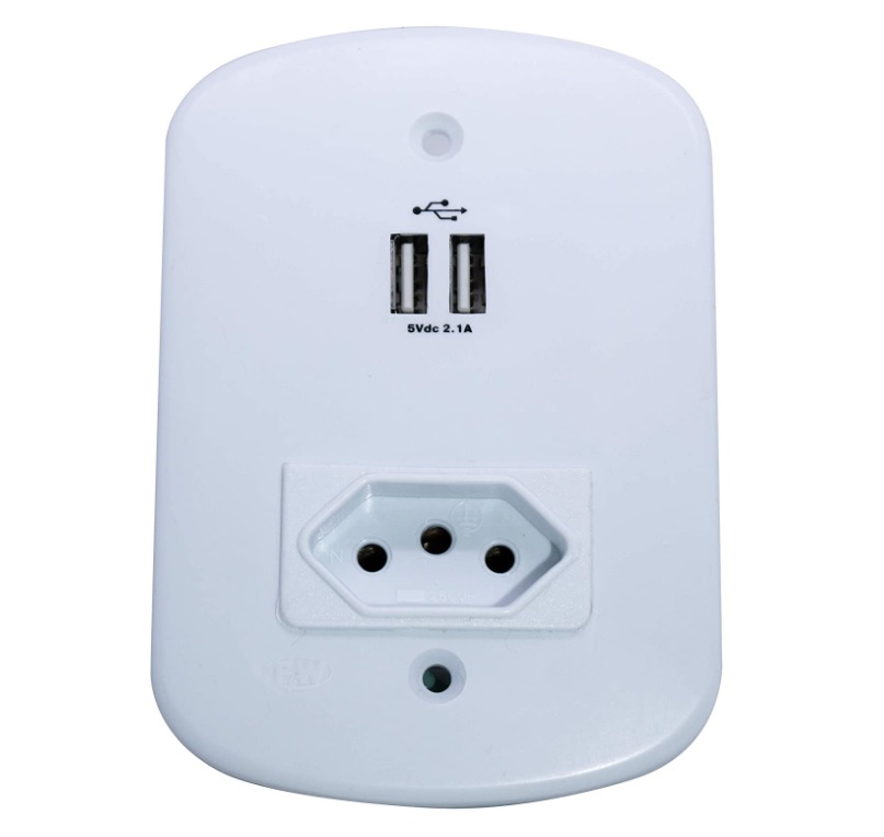 Placa 4×2 Com 2 USB 1 Tomada 10A Com Proteção, PW, Prote Raio Eletro Geral, Branco