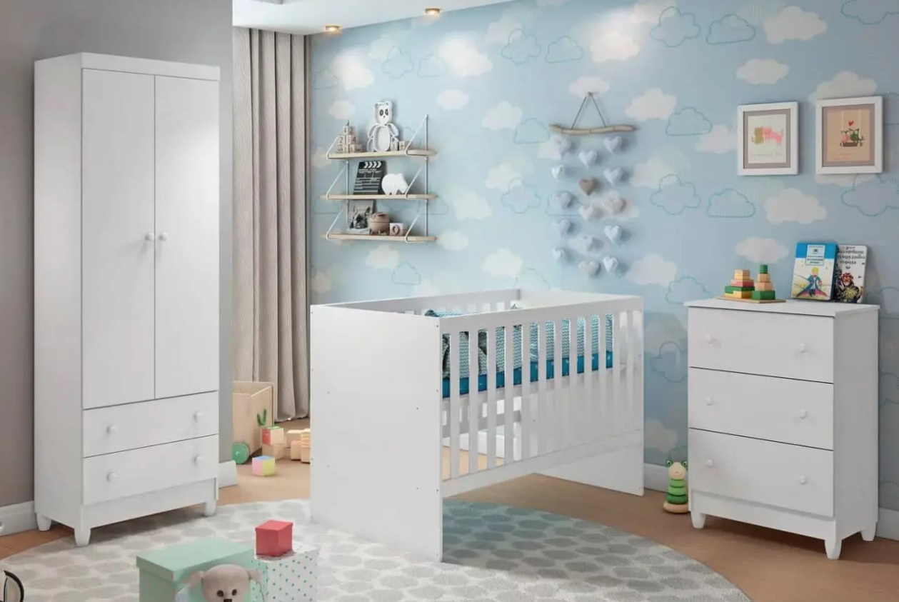 Quarto de Bebê Completo com Berço + Guarda-Roupa – e Cômoda Carolina Baby Lívia