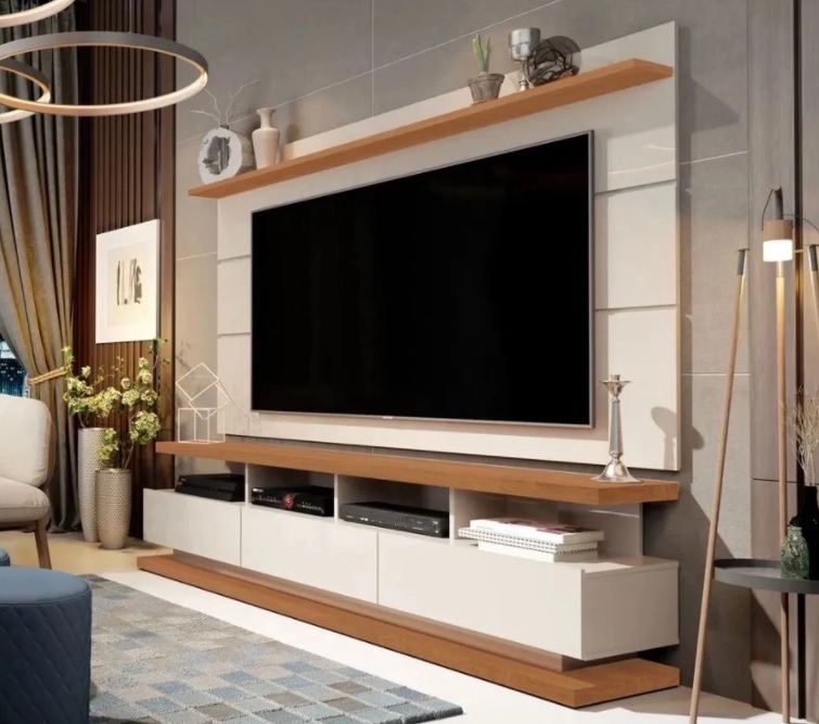 Rack com Painel Vivare Off White com Freijó – Germai Móveis