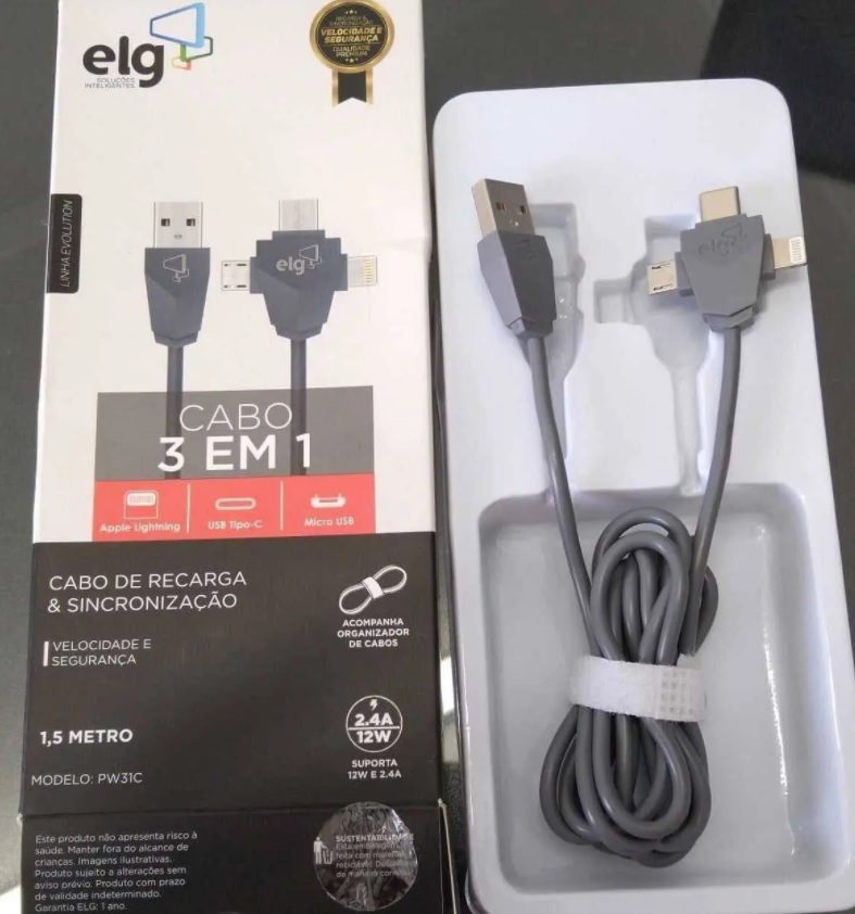 CABO 3EM1 PARA RECARGA E SINCRONIZAÇÃO – APPLE LIGHTNING + USB TIPO-C + MICRO USB – 1, 5M – PW31C – ELG, Elg, PW31C, Cinza