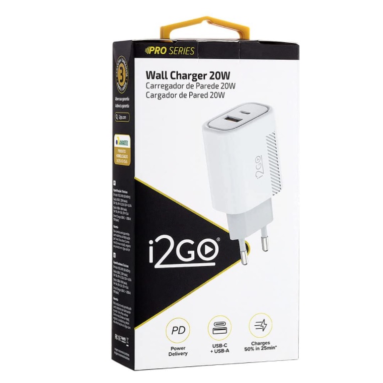 Carregador de Parede Ultra Rápido com 1 Saída USB-C Power Delivery 20W + 1 Saída USB-A 18W I2GO – i2GO PRO