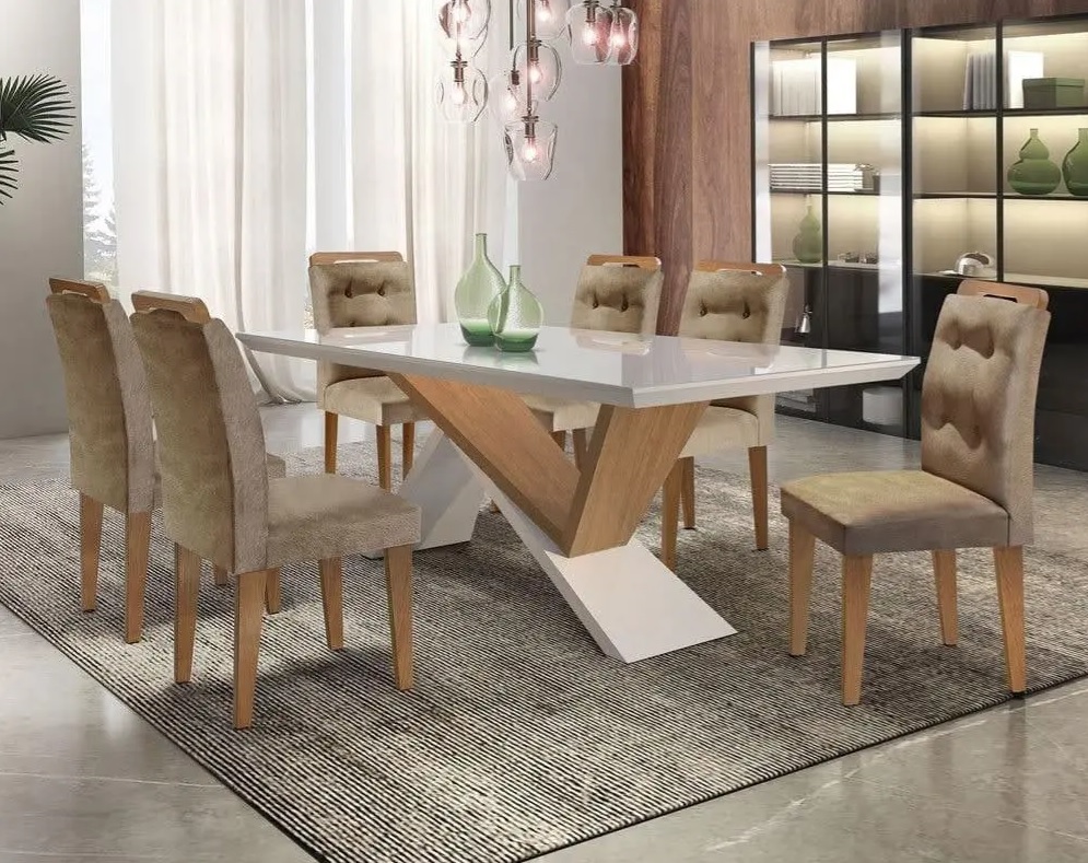 Conjunto Sala de Jantar Mesa Yasmin Tampo MDF Vidro 6 Cadeiras Carol Rufato