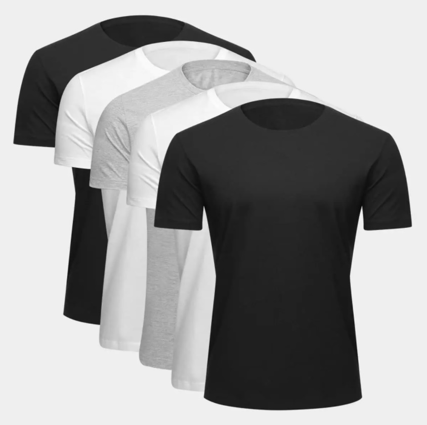 Kit Camiseta Básica Masculina c/ 5 Peças – Preto+Branco