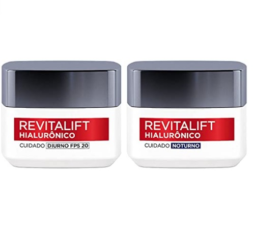Kit Creme Facial Anti-idade L’Oréal Paris Revitalift Hialurônico Noturno + Diurno FPS 20, 49g