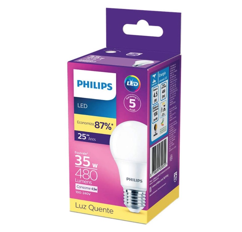 Lampada LED bulbo Philips, luz amarela, 4.5W, Bivolt (100-240V), Base E27