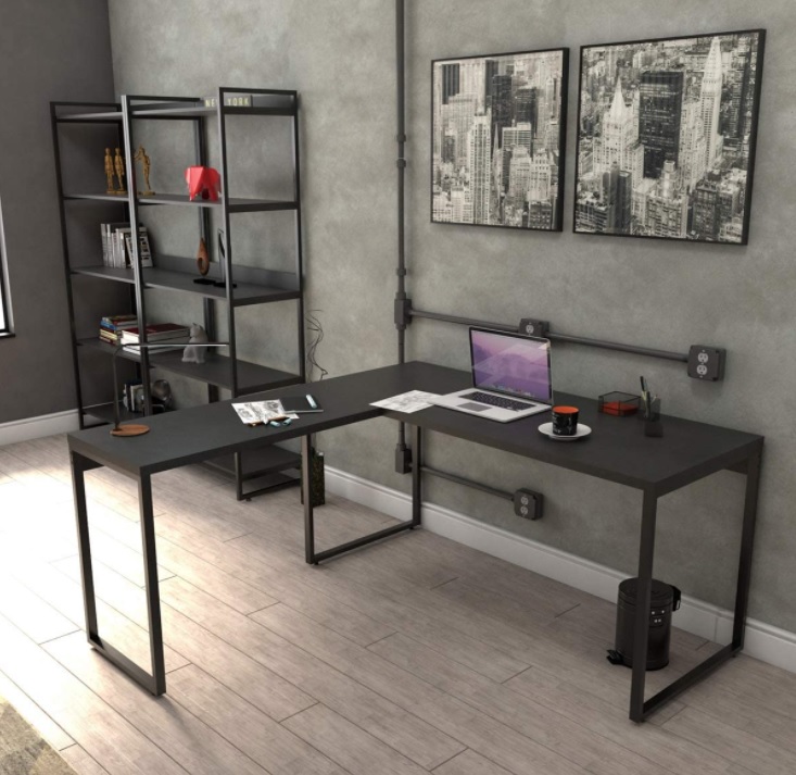 Mesa de Escritório em L Estilo Industrial 1,50mX1,50m Kuadra, Trevalla, Preto Ônix/Est.Preta
