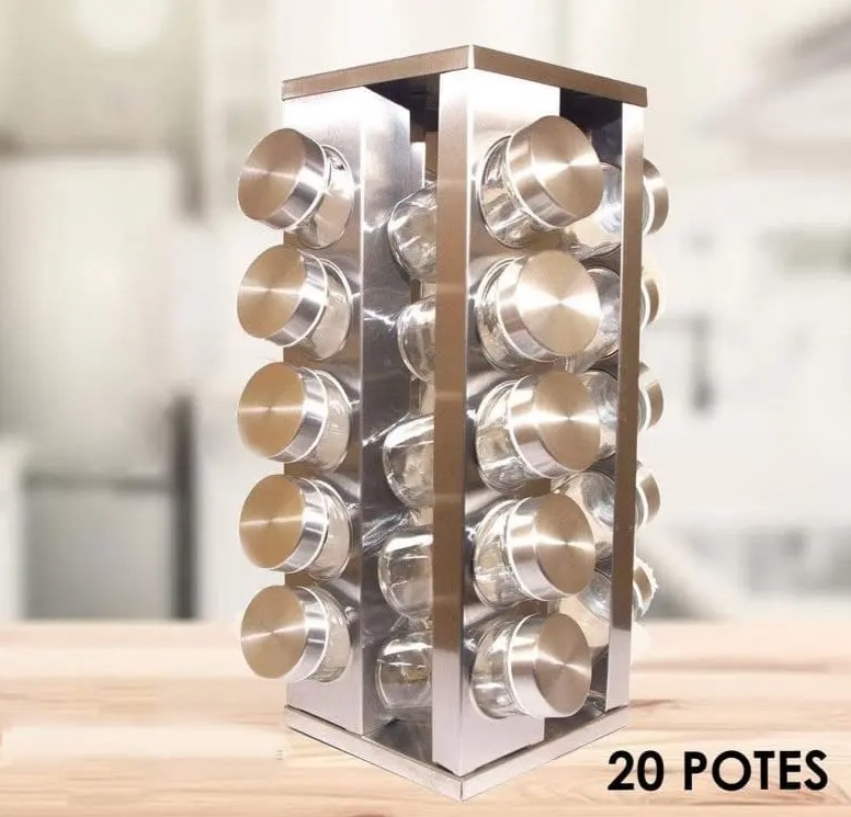 PORTA TEMPEROS CONDIMENTOS QUADRADO AÇO INOX 20 POTES