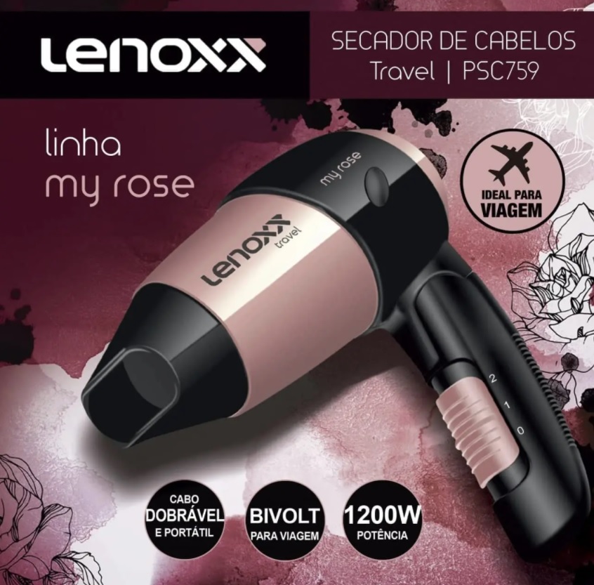 Secador de Cabelo Lenoxx My Rose Travel PSC 759 – Rosé para Viagem Dobrável 1200W 2 Velocidades