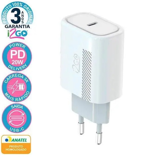 Carregador De Parede Ultra Rápido 20W Com 1 Saída USB-C Power Delivery I2GO – I2GO PRO Branco