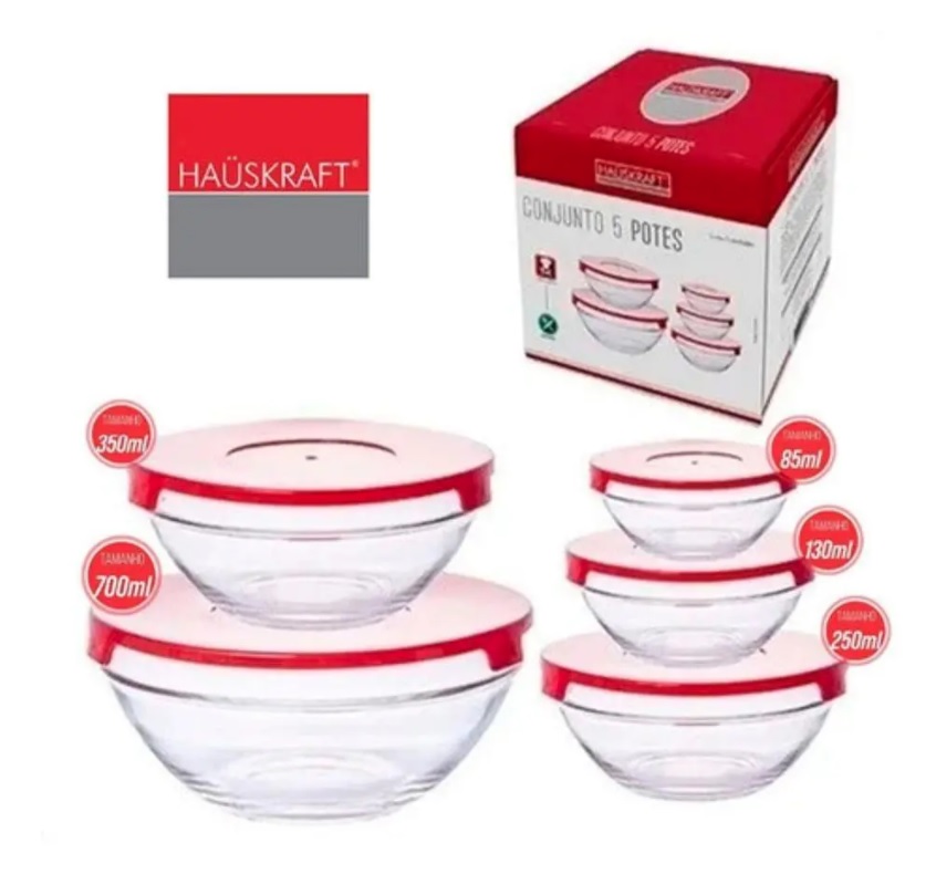 Conjunto De Potes De Vidro 5 Peças Redondo Boro Hauskraft Jgpo-007