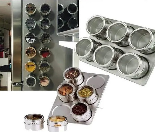 Jogo de 6 Porta Condimentos Inox com Suporte Retangular Mimo Style Prata