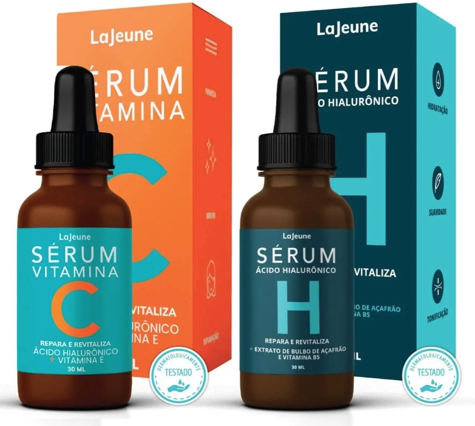 KIT Facial 1 Sérum Vitamina C (Repara, Clareia e Revitaliza) + 1 Sérum Hidratante Ácido Hialurônico (Hidrata, Suaviza e Tonifica)