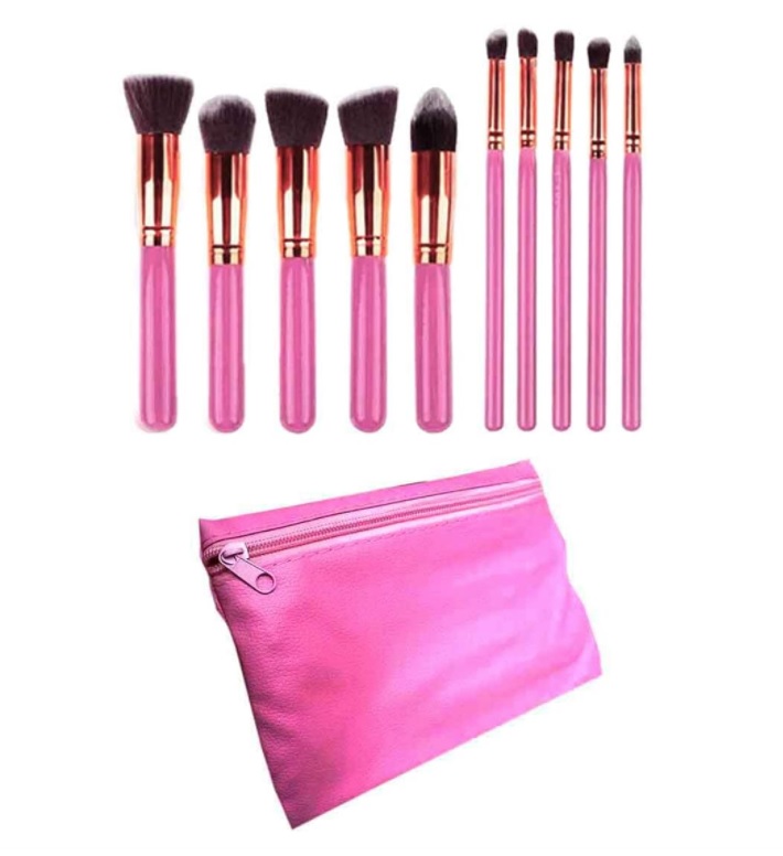 Kit 10 Pincéis Maquiagem Profissional Blush Pó ROSA