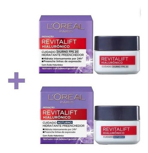 Kit Creme Facial Anti-idade L’Oréal Paris Revitalift Hialurônico Noturno + Diurno FPS 20, 49g