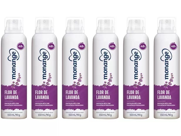 Kit Desodorante Antitranspirante Aerossol Monange – Flor de Lavanda Feminino 48 Horas 150ml 6 Unidades