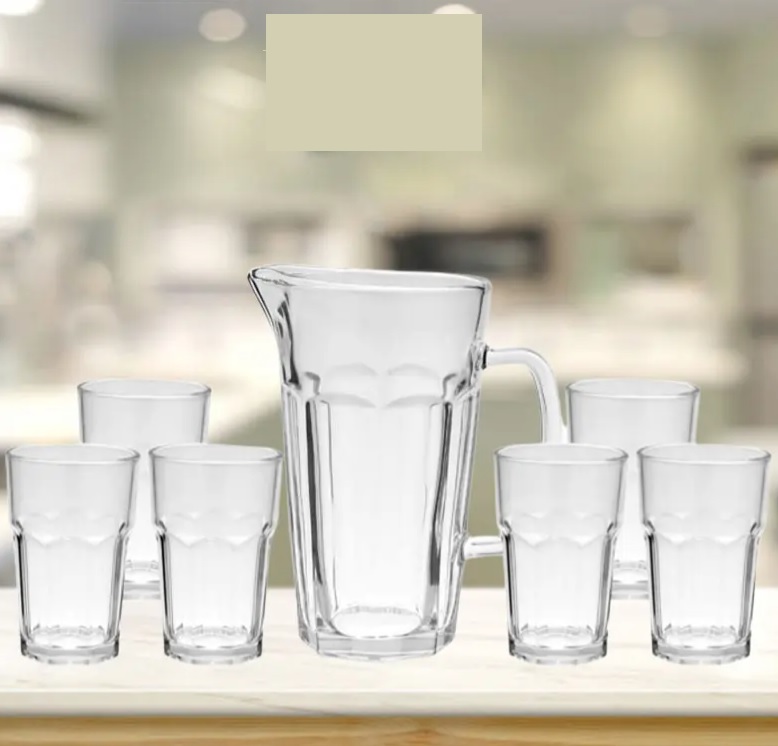 Mimo Style Jogo de Jarra 1,17L e 6 Copos de Vidro 300ml Transparente Linha Horizon com Alto Relevo, Kit Prático para Sua Cozinha, Ideal para Servir Água, Suco e Outras Bebidas