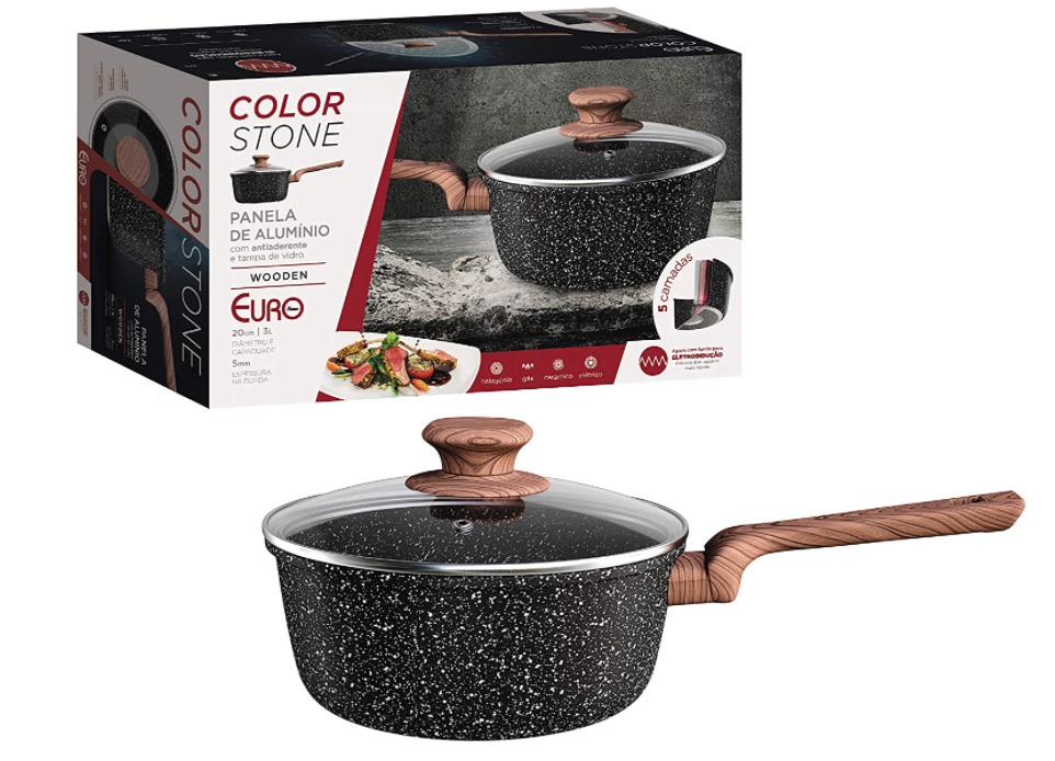 Panela 20 cm ColorStone de alumínio com antiaderente e tampa de vidro, 20 cm, Wooden, Euro Home