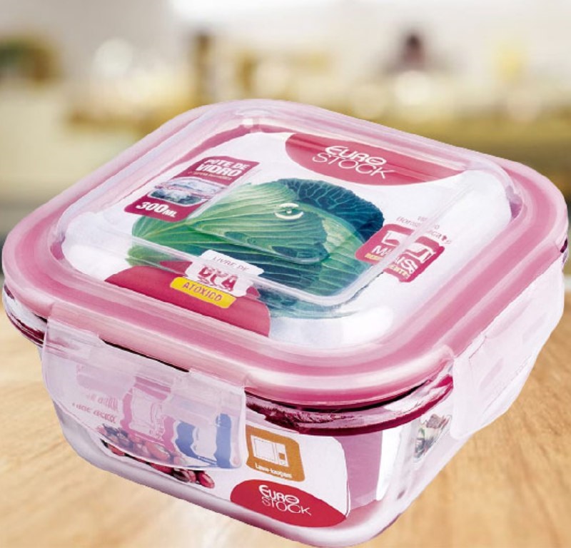 Pote de Vidro Hermético Quadrado Vermelho, 300 Ml, VDR8821-VM, Euro Home