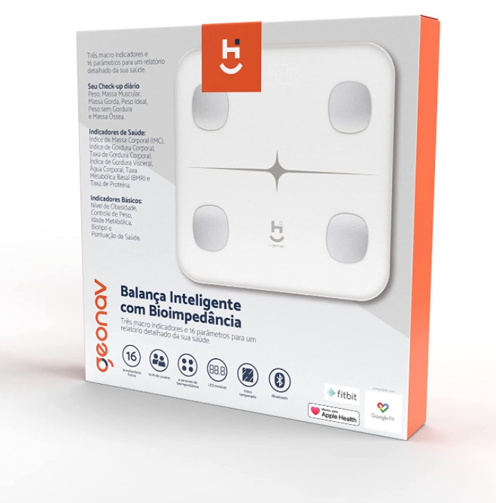 Balança Inteligente com Bioimpedância, Bluetooth, 16 parâmetros, Aplicativo Hi by Geonav, Vidro Temperado, HISAUBA