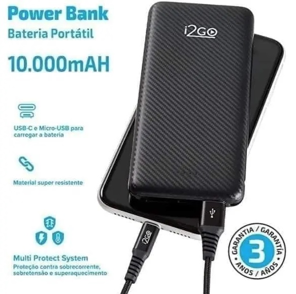 Carregador Portátil (Power Bank) I2GO 10000mAh 2 Saídas USB Preto – I2GO Plus
