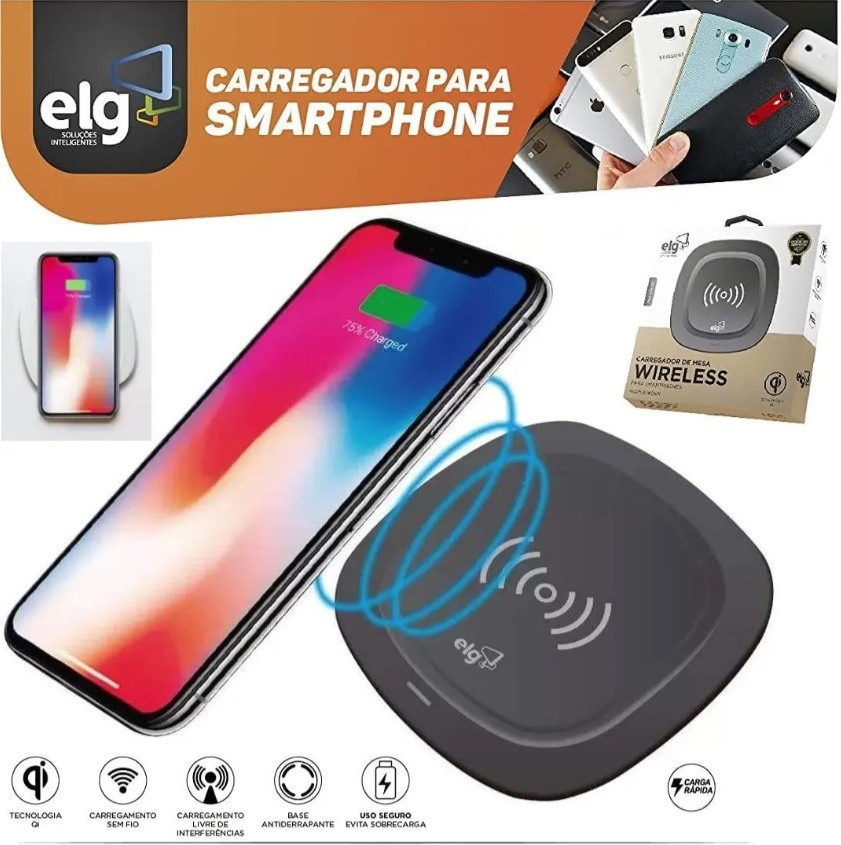Carregador Wireless De Mesa Para Celular – Tecnologia Qi – Preto – Wq1Bk – Elg, Elg, Wq1Bk, Preto