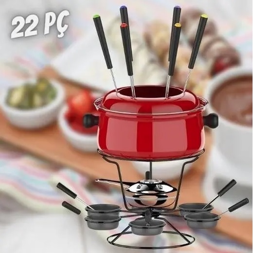 Conjunto Fondue Médio com Base Giratória 22 Peças Vermelho,HH7823D-VM, Euro Home