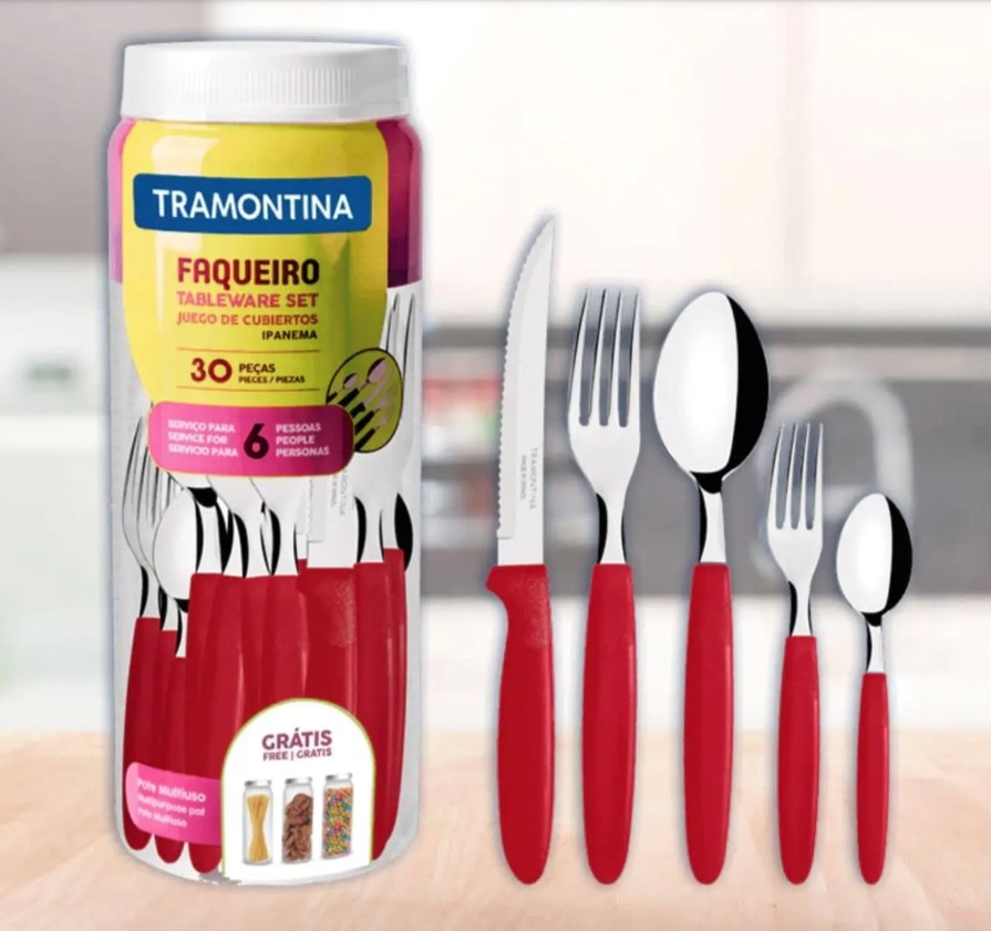 Faqueiro Tramontina Ipanema em Aço Inox e Polipropileno com Pote Vermelho – 30 Peças