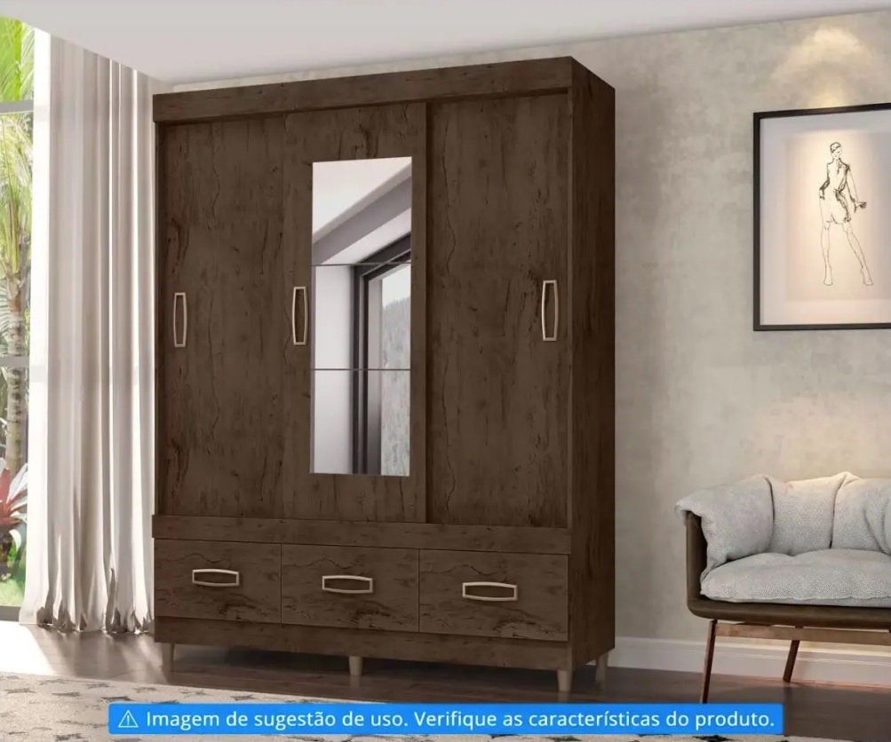 Guarda-roupa Casal com Espelho 3 Portas – de Correr 3 Gavetas Araplac E20033