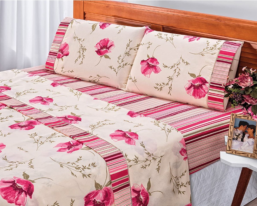 [ENCERRADA] Jogo de Cama Requinte Casal Floral Rose 04 Peças Bia Enxovais Floral Rose Tecido
