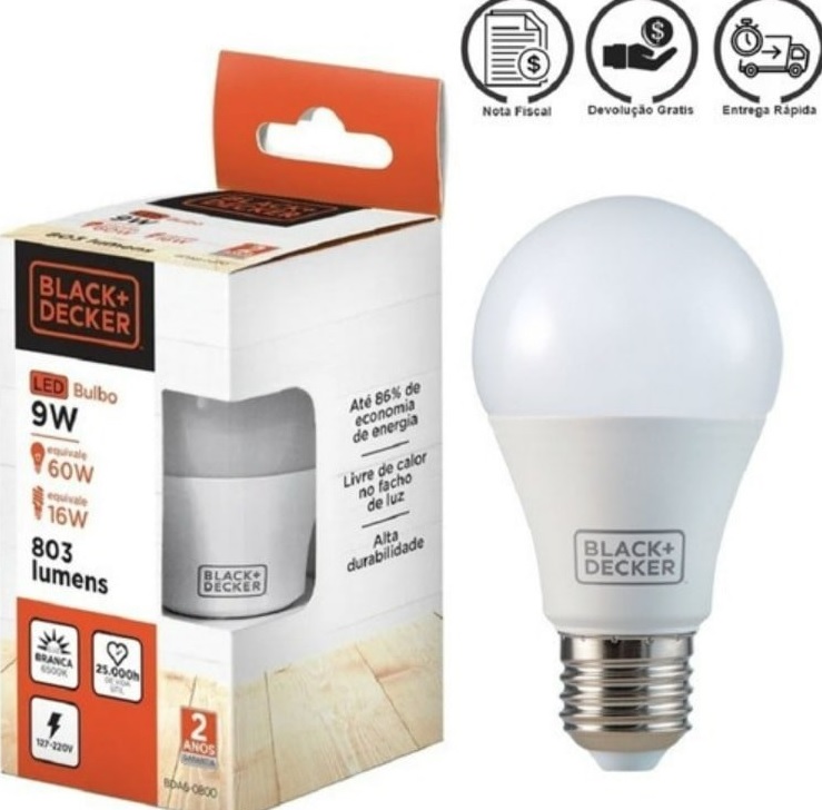 Lampada LED Bulbo Black+Decker, Branca, 9W, Bivolt, Base E27