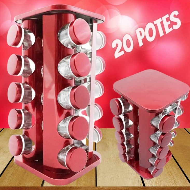 Porta Temperos Condimentos Arredondado Aço Inox 20 Potes (vermelho)